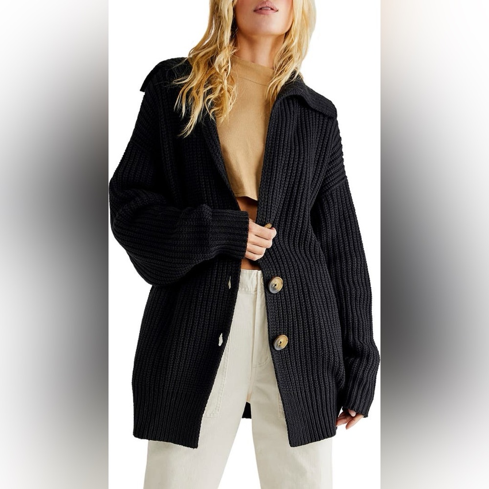 Free People Black Ribbed Cardigan